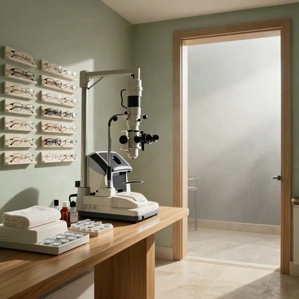 Optometry suite with slit lamp, frame wall, and dry-eye station in morning light