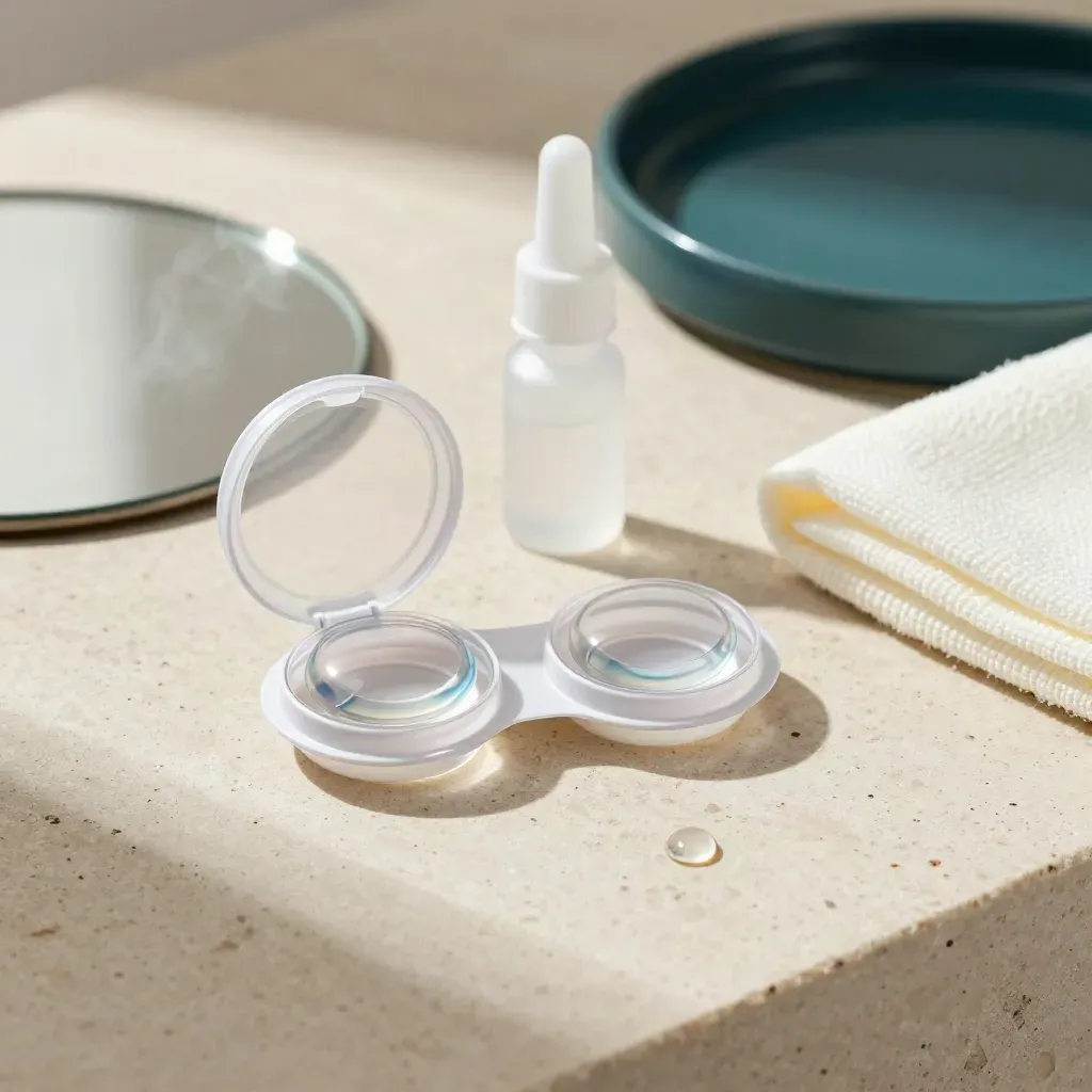 Contact lens care items on travertine with mirror, towel, and a hanging droplet