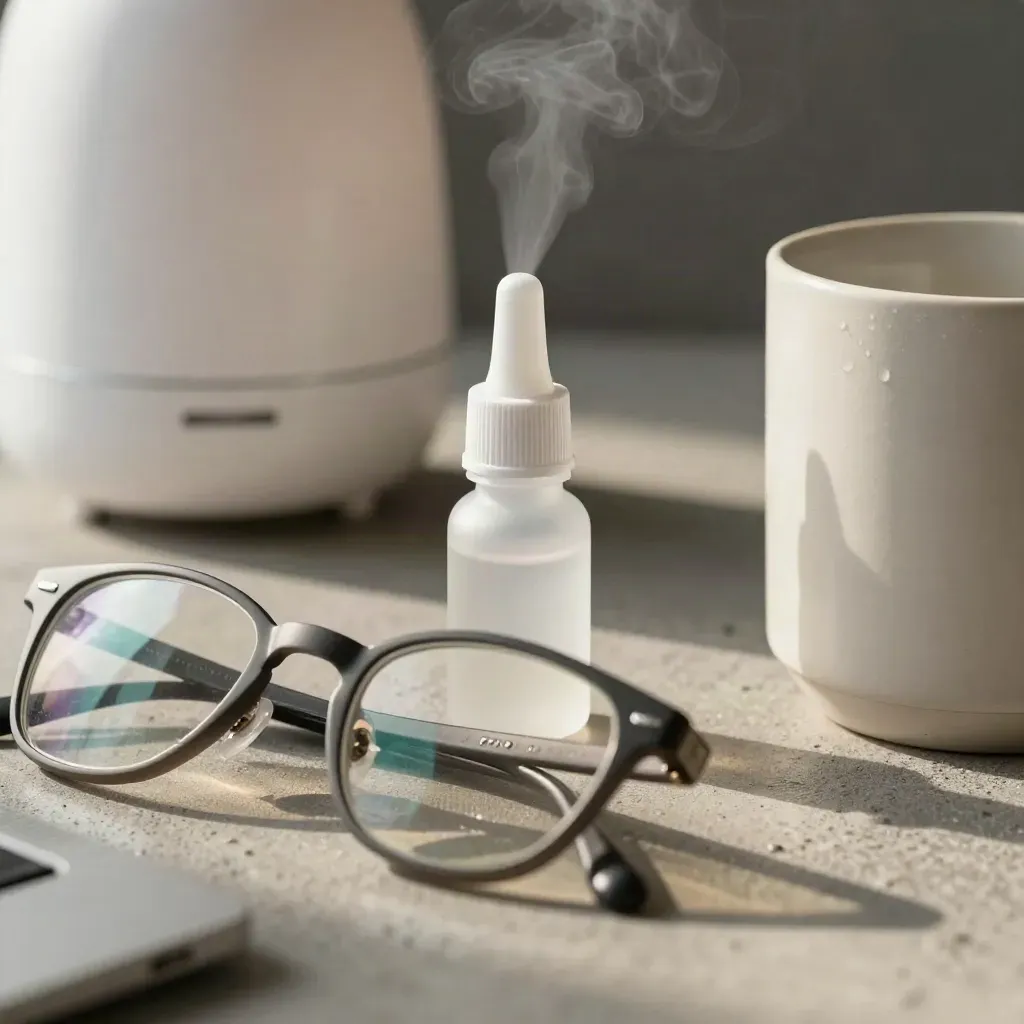Macro of dry-eye relief items on concrete: drop bottle, misting humidifier, glasses, and mug.