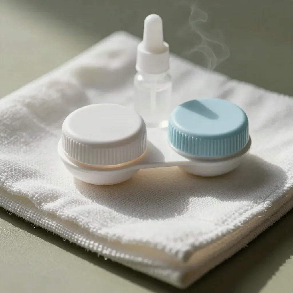 Macro still life of contact care tools on pale plaster with sky-blue accent light.