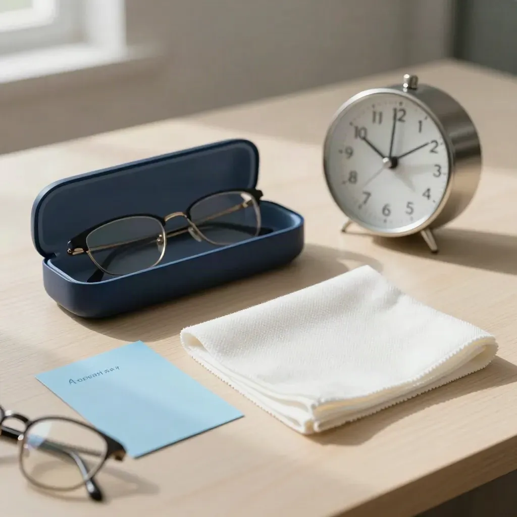 Half-open glasses case, desk clock, and microfiber cloth on pale wood by a sky-blue card.