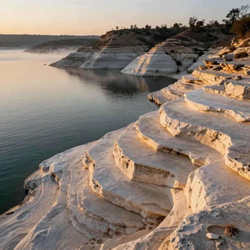 Lake Travis limestone shoreline and misty West Travis hills at sunset