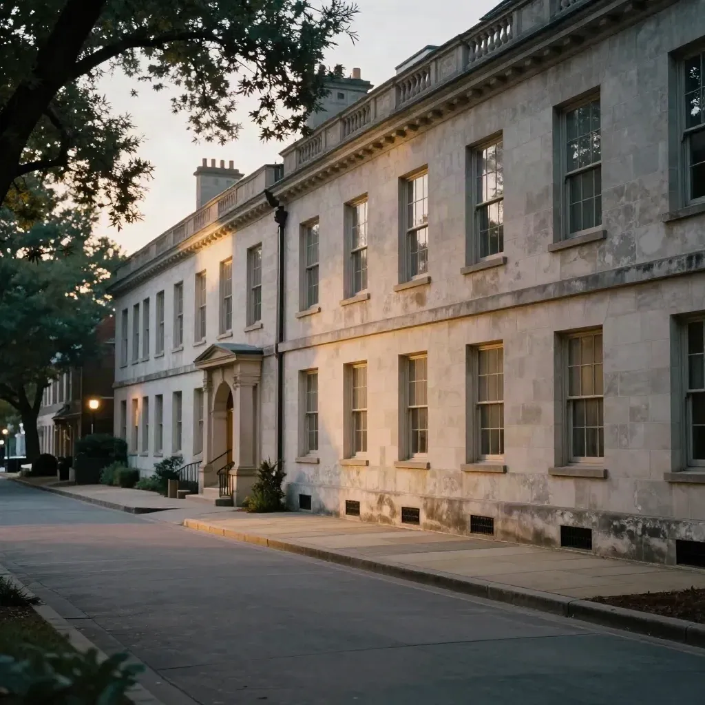 Georgetown limestone facades at dusk above a calm empty stone forecourt and tree-lined street.